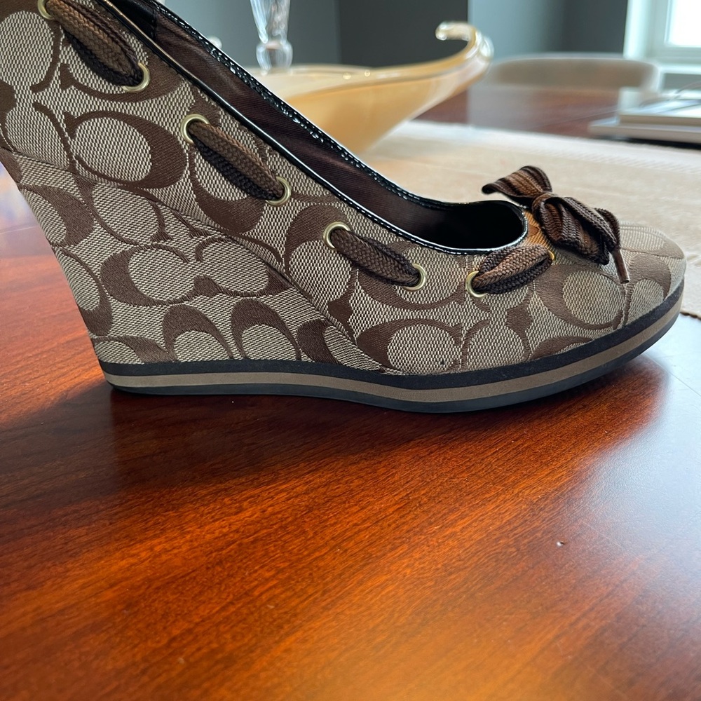 Coach Brown Signature Canvas Wedge Sandals - Picture 3 of 12